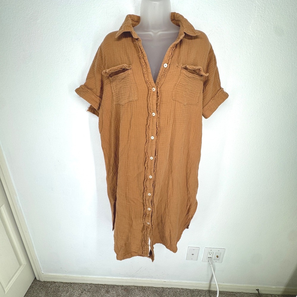 Umgee Camel Brown Gauze Cotton Button Shirt Dress Size M Indie Granola Boho